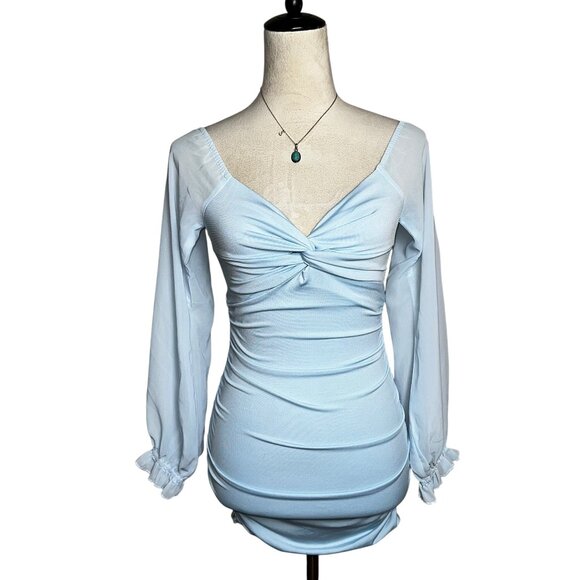 Lucy in the Sky Baby Blue Mesh Sleeve Mini Dress XS | Romantic Pastel Soft Girl - Picture 1 of 8